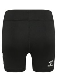 Zwarte sportshorts met een snug fit, gemaakt van een gladde stof. Bevat een wit logo op de onderkant rechts en nette stikdetails.