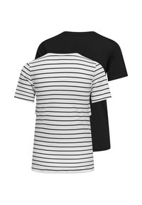 Vue de dos de deux t-shirts à manches courtes, un blanc avec des rayures horizontales noires et un noir uni, sur fond blanc.
