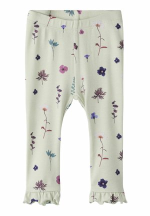 Light green toddler leggings with elastic waistband and multicolored small floral prints and ruffled hems.