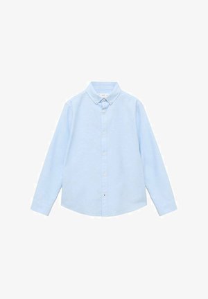 Světle modrá dlouhá košile s knoflíky vyrobená z bavlny. Má klasický límec, sedm knoflíků vpředu a zakřivený lem.