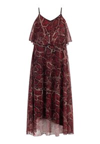 Maxime dress with a layered, sheer design in a red snake print pattern. Features thin black straps and a flowing, textured fabric.