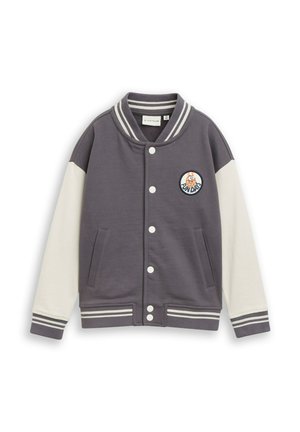 Szaro-biała kurtka typu varsity z paskowanym kołnierzem i mankietami, napami zatrzaskowymi, przednimi kieszeniami oraz okrągłą naszywką z postacią z kreskówki i napisem „Funday”.