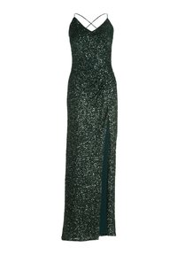 Grünes, mit Pailletten besetztes Kleid mit tailliertem Schnitt, V-Ausschnitt und überkreuzten Trägern auf dem Rücken; verfügt über einen Seitenschlitz und geraffte Textur.