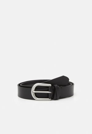 Black leather belt rolled up with a silver metal double-prong buckle on a white background.
