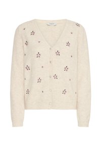 Cardigan color crema con scollo a V, caratterizzato da ricami floreali in rosa e verde. Texture morbida e chiusura con bottoni. Lunghezza fino ai fianchi.