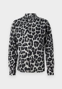 Svart og hvitt leopardskinn mønster knapp-up skjorte, med krage, lange ermer og glatt teksturert stoff.