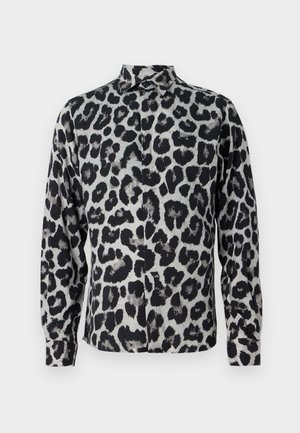 Schwarz-weiße Leopardenmuster-Button-Up-Hemd, mit einem Kragenhals, langen Ärmeln und glattem Textil.