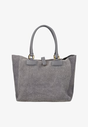 Geantă tote din piele întoarsă gri, cu două mânere rotunjite din piele, accesorii aurii și închidere prin curea cu nasture în partea superioară.