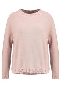 Ljusrosa virkade tröja med långa ärmar, ribbade muddar, nederkant och rund hals.