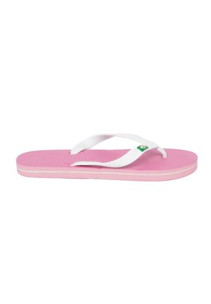 Infradito rosa con suola testurizzata e strap bianchi, con un piccolo logo verde e giallo sull'elastico.