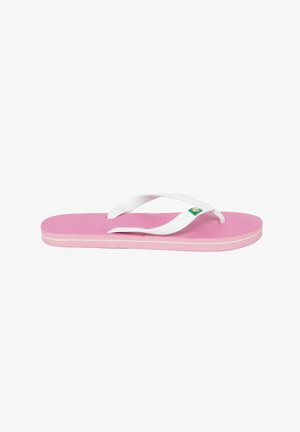 Infradito rosa con suola testurizzata e strap bianchi, con un piccolo logo verde e giallo sull'elastico.