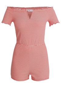 Röd och vit randig off-shoulder jumpsuit med en scallopad halsringning och korta ärmar. Har en V-formad framtill och inbuktad midja.
