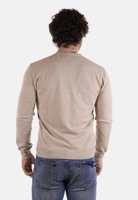 Maglione beige con scollo rotondo, maniche lunghe e polsini a coste. Il tessuto è liscio e leggero, indossato sopra jeans blu.