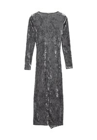Robe longue à manches longues en velours écrasé gris foncé, avec un col rond, une couture arrière et une silhouette droite.