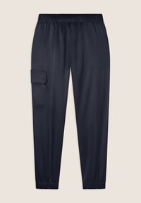 Joggers azul marino con cinturilla elástica, bolsillo lateral tipo cargo, puños elásticos y tejido suave y ligero.