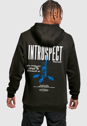 Black hoodie with "INTROSPECT Yourself" graphic, featuring white and blue text and images, soft material, ribbed cuffs and hem.