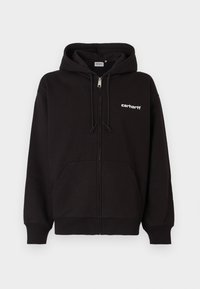 Sudadera negra con cremallera, hecha de mezcla de algodón, con capucha ajustable con cordón, bolsillos tipo canguro, puños de canalé y un logo blanco en el pecho izquierdo.