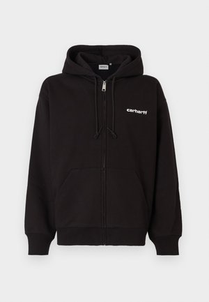 Sudadera negra con cremallera, hecha de mezcla de algodón, con capucha ajustable con cordón, bolsillos tipo canguro, puños de canalé y un logo blanco en el pecho izquierdo.