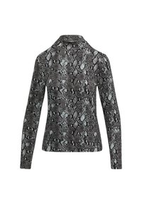 T-shirt à manches longues présentant un motif de serpent noir et gris, fabriqué dans un tissu lisse avec un col montant.