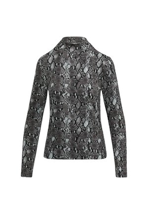 Long-sleeve top featuring a black and grey snakeskin pattern, made from a smooth fabric with a mock neck design.