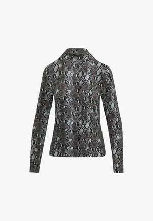Long-sleeve top featuring a black and grey snakeskin pattern, made from a smooth fabric with a mock neck design.