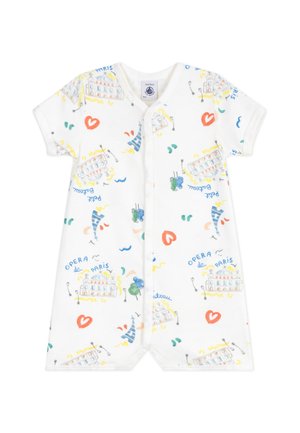 Body bébé blanc à manches courtes avec l'opéra de Paris, la tour Eiffel, des cœurs et des motifs abstraits colorés partout, boutons-pression à l'avant.