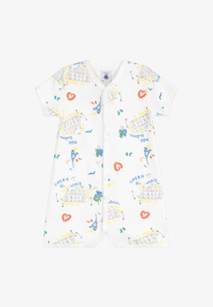 Weißer Baby-Strampler mit kurzen Ärmeln mit Pariser Oper, Eiffelturm, Herzen und bunten abstrakten Mustern überall, vordere Druckknöpfe.