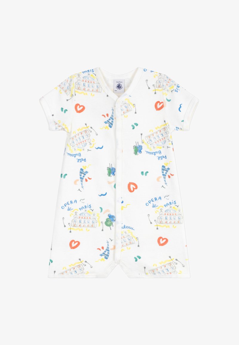 Body bébé blanc à manches courtes avec l'opéra de Paris, la tour Eiffel, des cœurs et des motifs abstraits colorés partout, boutons-pression à l'avant.