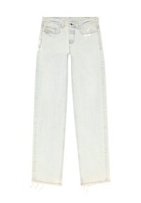 Jean en denim bleu clair avec une coupe droite, design à cinq poches, texture décolorée et ourlets effilochés. Dispose d'une fermeture à bouton et de passants de ceinture.