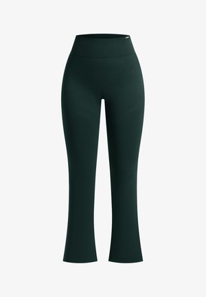 Leggings senza cuciture verde scuro a vita alta con una larga fascia a coste e gambe leggermente svasate.