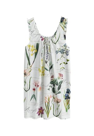 Ärmelloses Kleid mit Blumenmuster aus leichtem Stoff, mit gerafftem Ausschnitt und Rüschen an den Trägern, verziert mit verschiedenen botanischen Illustrationen.