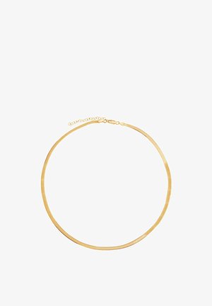 Złoty naszyjnik choker z płaską, gładką powierzchnią; posiada przedłużacz łańcuszka i zapięcie dla regulowanego dopasowania; minimalistyczny design.