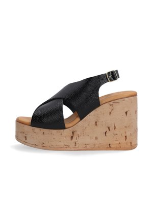 Schwarze Leder-Wedgesandale mit Korksohle, mit überkreuztem Riemendesign und verstellbarem Knöchelriemen für eine gute Passform und Unterstützung.