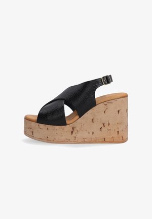 Schwarze Leder-Wedgesandale mit Korksohle, mit überkreuztem Riemendesign und verstellbarem Knöchelriemen für eine gute Passform und Unterstützung.