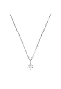 Hõbedane kaelakee, millel on õrn kett ja lumehelvesekujuline ripats, mille keskmes on selge, multifunktsionaalne kristall.