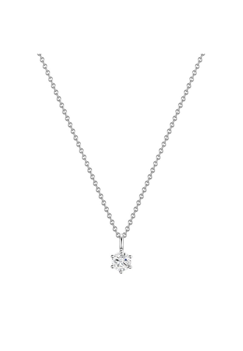 Hõbedane kaelakee, millel on õrn kett ja lumehelvesekujuline ripats, mille keskmes on selge, multifunktsionaalne kristall.