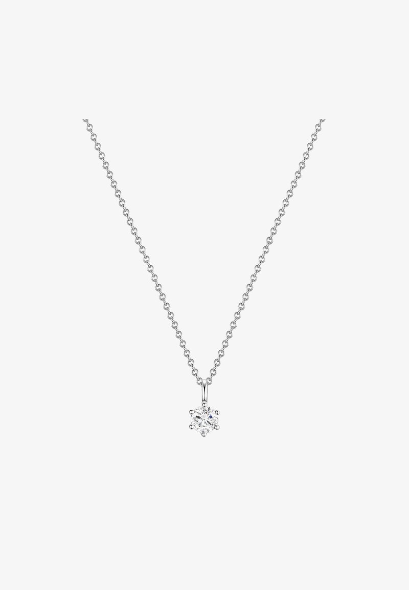 Hõbedane kaelakee, millel on õrn kett ja lumehelvesekujuline ripats, mille keskmes on selge, multifunktsionaalne kristall.