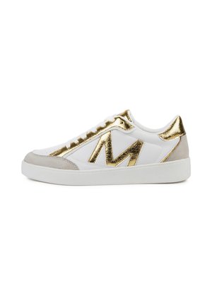 White leather sneaker with gold accents, suede detailing, and a textured gold “M” logo on the side. Flat rubber sole and lace-up design.