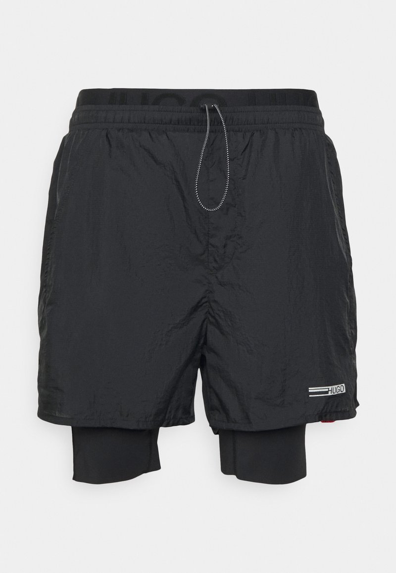 Schwarze sportliche Shorts mit integriertem Innenfutter, elastischem Bund, Kordelzug und Logodetail an der Seite. Glattes, leichtes Material.
