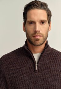 Knit sweater in dark brown with a textured pattern, featuring a zip-up collar and a layered look over a light shirt.