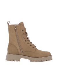 Stivale alla caviglia in suede tan con lacci sul davanti, cerniera laterale e suola in gomma testurizzata. Presenta una punta arrotondata e dettagli in cucitura lungo le cuciture.