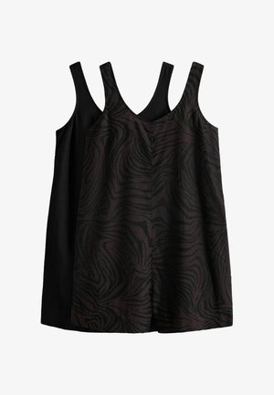 Kaks varrukateta A-lõike kleiti, üks üleni must ja teine must tumeda keerutava mustriga, mõlemad V-kaelusega ja laiade õlapaeltega.