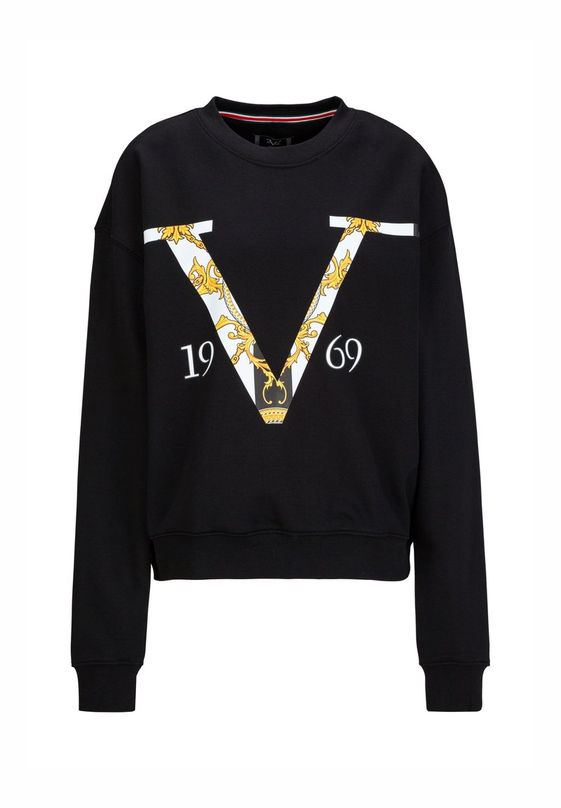 Zwarte sweatshirt met een cropped ontwerp, voorzien van een groot wit en goudkleurig "V" grafisch motief en het jaar "1969" in wit. Zachte stof en geribbelde manchetten.