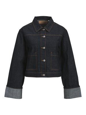 Dark denim jacket with a cropped design, brass buttons, chest pockets, and contrasting lighter cuffs. Features classic collar and stitching details.