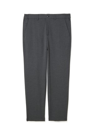 Grijze pantalon met een gladde textuur, elastische tailleband, platte voorkant en twee zijzakken. Op maat gemaakt ontwerp, rechte pijp.