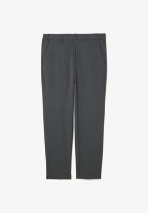 Graue Anzughosen mit glatter Textur, elastischem Bund, flacher Vorderseite und zwei seitlichen Taschen. Maßgeschneidertes Design, gerade Beinform.