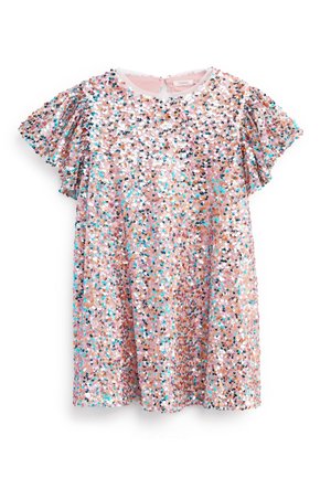 Robe courte rose couverte de sequins brillants multicolores avec des manches courtes volantées et un col rond.