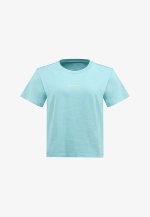 Camiseta de algodón azul claro con mangas cortas, un escote redondo y el logo centrado de "ROSSIGNOL" en dorado. Diseño sencillo, corte estándar.