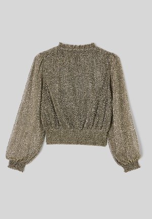 Haut métallisé or à manches courtes avec un tissu texturé et scintillant. Il présente un col à volants et des poignets élastiqués aux manches et à l'ourlet.