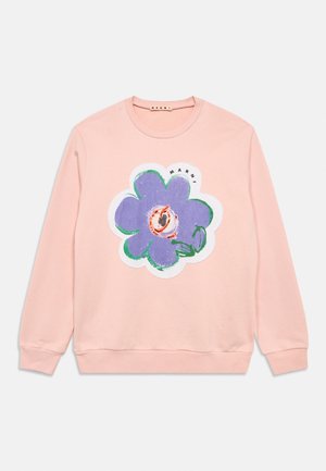 Lyserød langærmet sweatshirt med en stor lilla blomstergrafik og ordet "MARNI" nær den øverste højre del af blomsten.